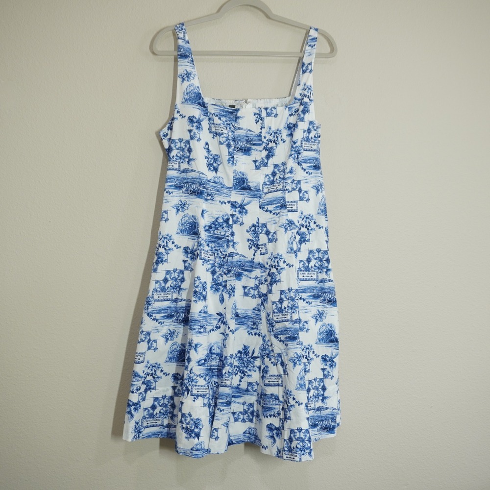 Lands' End Women's Size 10/12 100% Cotton Blue White Toille Print Midi Dress